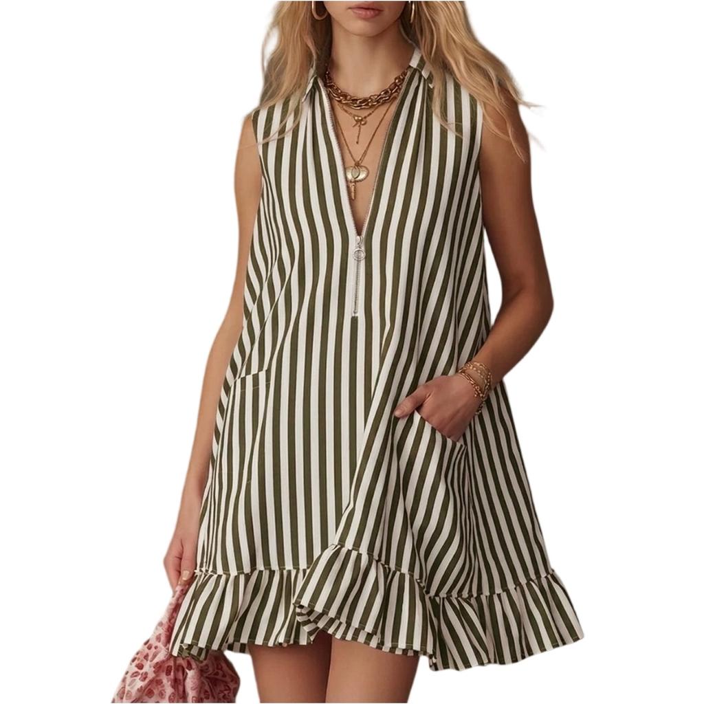 Women Sleeveless Vintage Dress V Neck Striped Pattern Ruffle Hem Casual Loose Fit Summer Beachwear