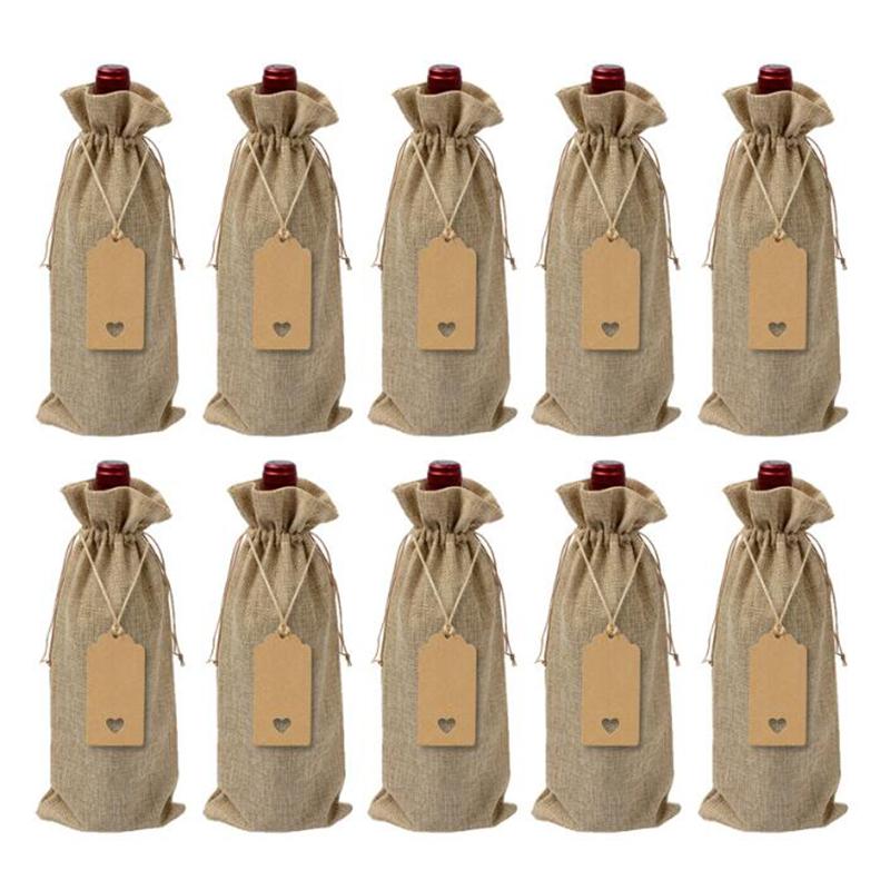 10Pcs Rustic Jute Burlap Wine Bags Drawstring Wine Bottle Covers Reusable Bottle Wrap Gift Package Wine Bags 15*35Cm