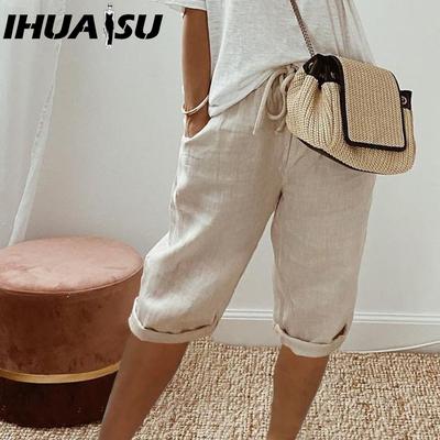 Damen Baumwolle Leinen Tasche Elastische Freizeithose Damen Hose Viertelhose