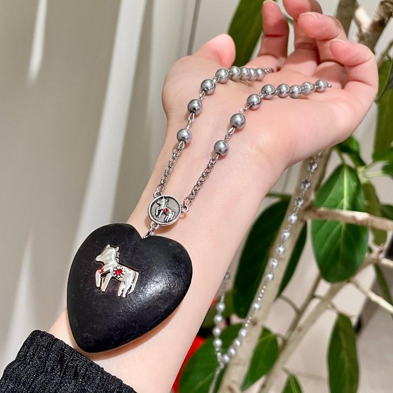 Элегантное Черное Деревянное Сердце Жемчужное Ожерелье - Легкий Роскошный Аксессуар-Цепочка на Ключицы