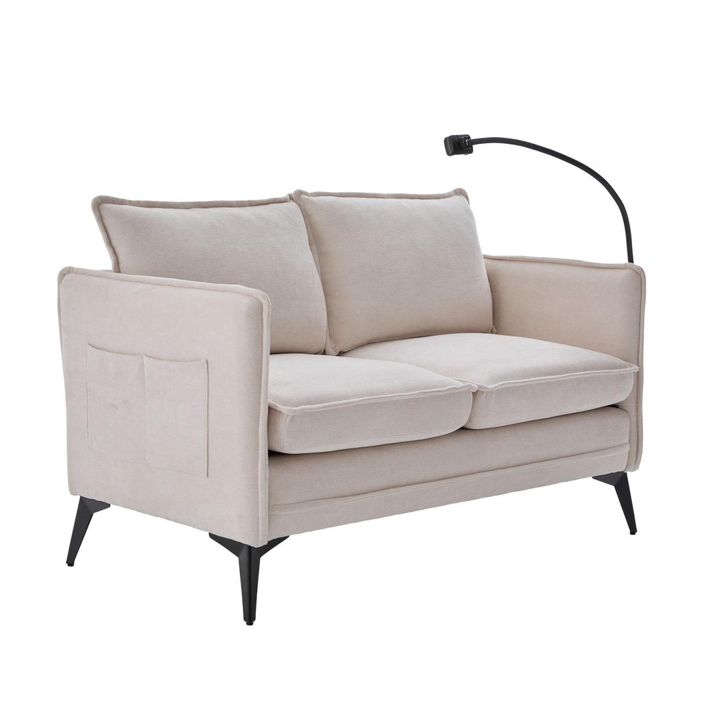 Modern double-sofa small fabric sofa armchair with storage side pockets and adjustable phone stand