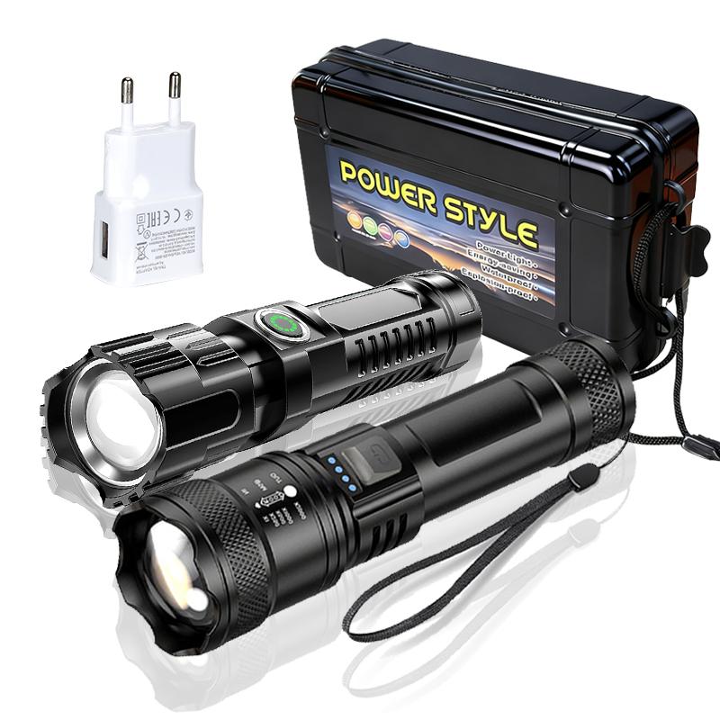 Hohe Starke Leistung LED Taschenlampen 2000LM Taktische Taschenlampe mit Displaylicht USB-Aufladung Camping Angeln Notfall Zoom Laterne