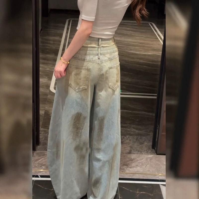 Pantaloni Jeans a Vita Alta Strappati Gamba Larga Donna Vestibilità Rilassata Streetwear Jeans con Vita Arrotolata