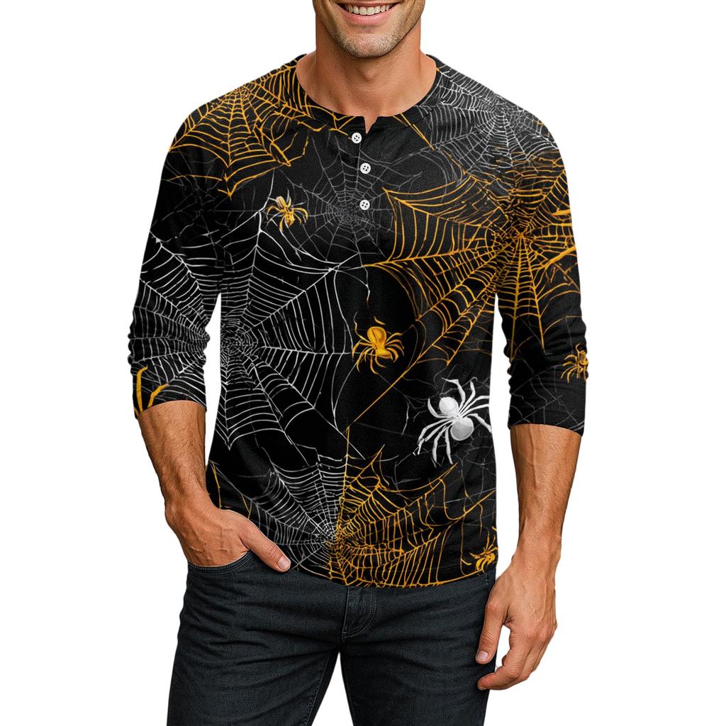 Men Casual Halloween Print Henley Shirt Raglan Sleeve Three Quarter Length Button Front Top