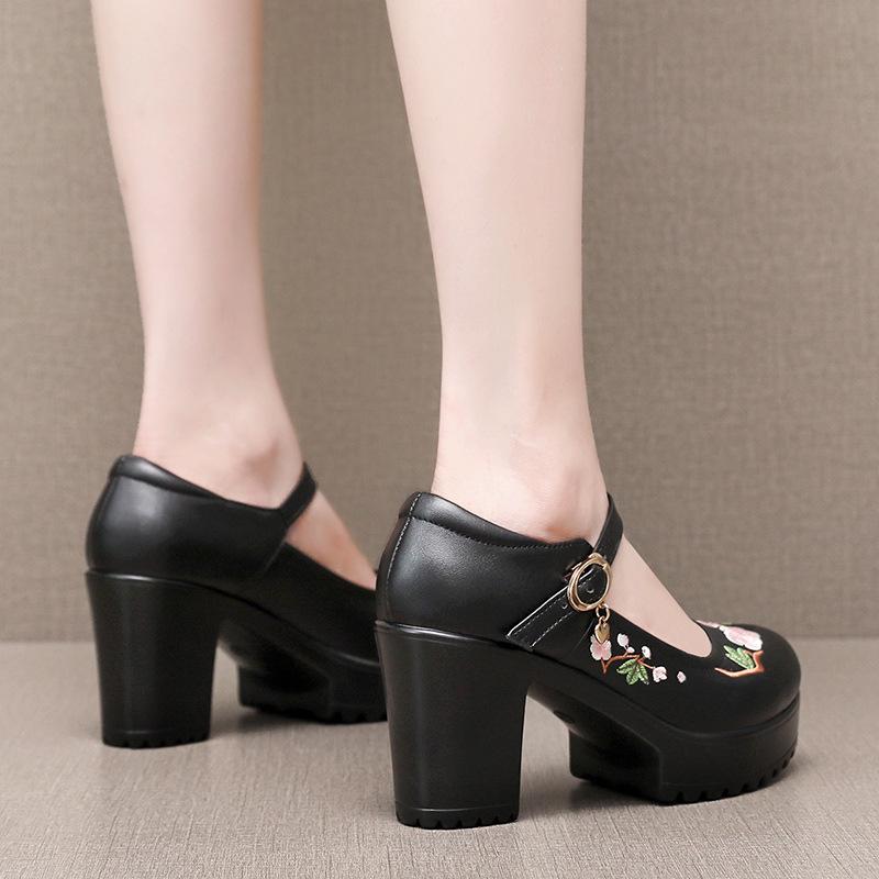 6cm 8cm 10cm Small Size 32-43 Shallow Floral Soft Leather Shoes Platform Pumps  Spring Block High Heels Shoes for Office Mom