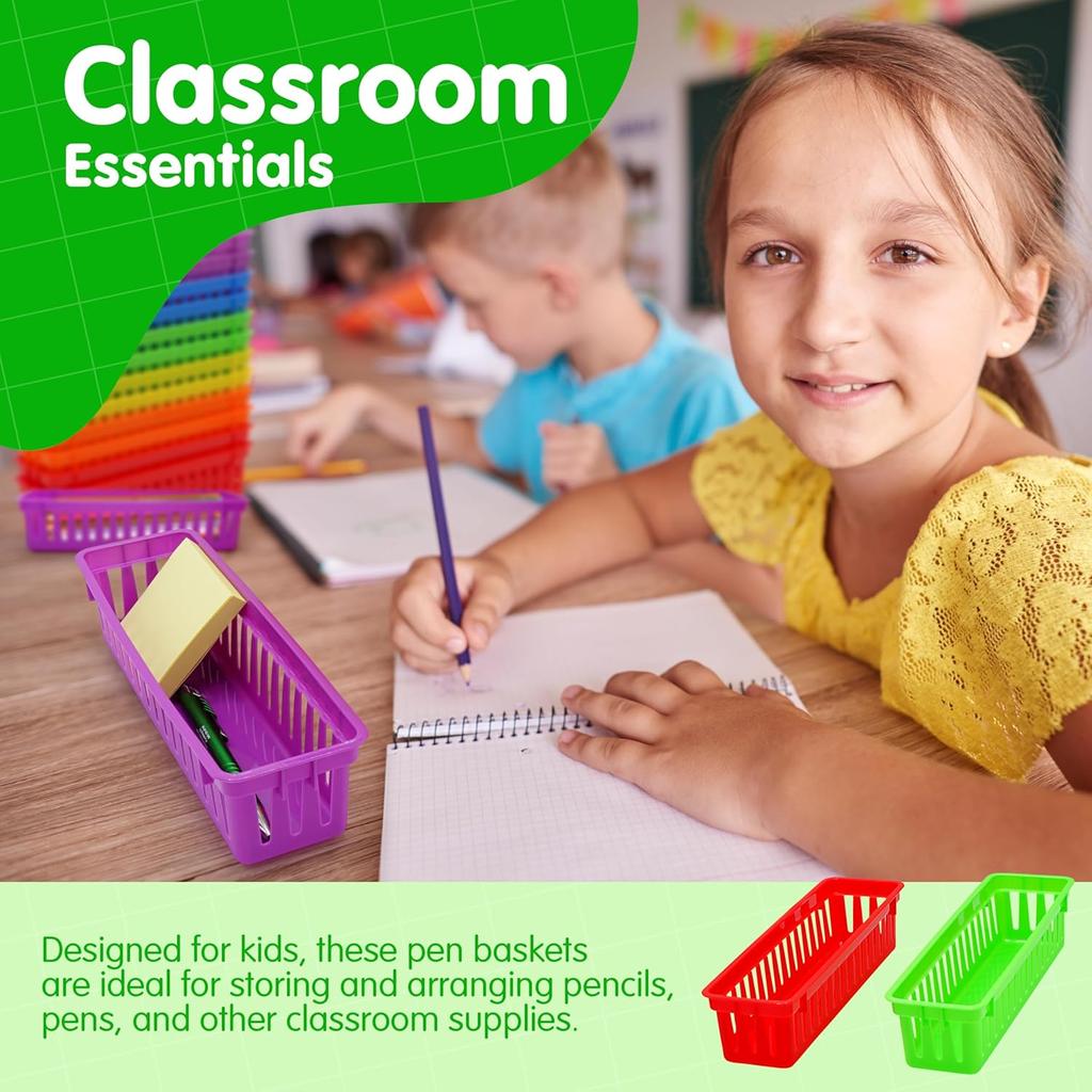 4E's Novelty 12 Pack Pencil Holder for Kids Desk, Colorful Plastic Pen Baskets Tray for Organizing Classroom Supplies, Plastic Caddy for Desk and