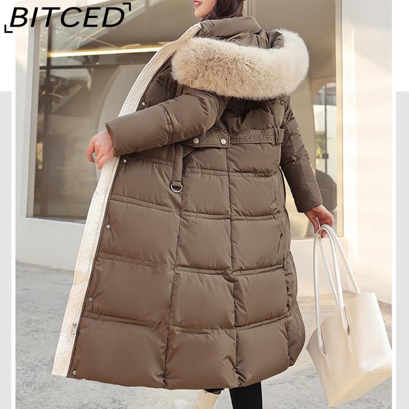 BITCED Winter Down-Filled Cotton Coat for Women - Long Style, Knee-Length, Oversized Fur Collar, Slim-Fit, Belted Design, Cotton