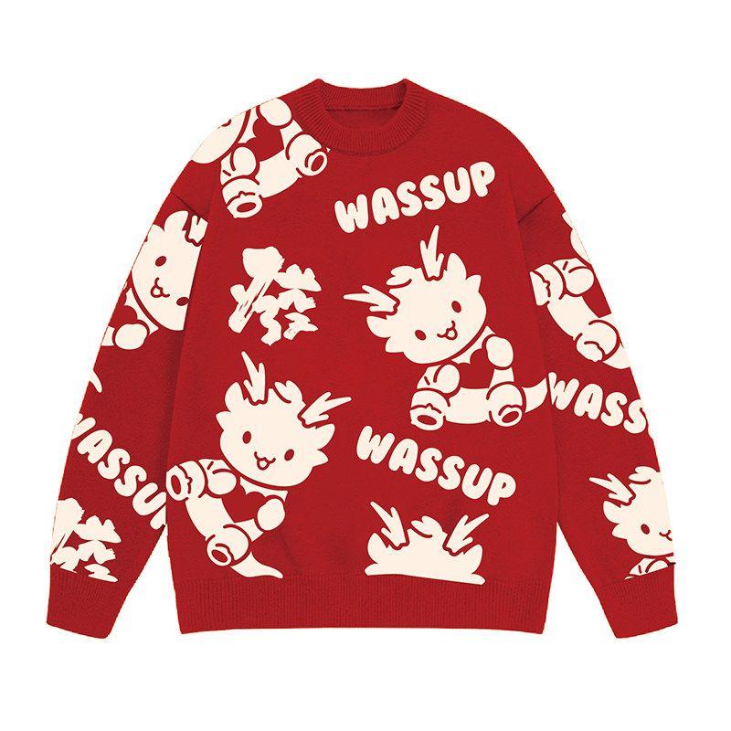 

Wassup Cute Dragon Knit Sweater for Women, Autumn and Winter, Loose Oversize, Trendy Versatile Couple Thick Sweater, Trendy Brand