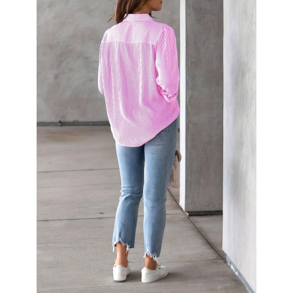 Szykowna koszula z długim rękawem w paski - Damska odzież codzienna z kieszenią i zapięciem na guziki - Idealna do noszenia na co dzień