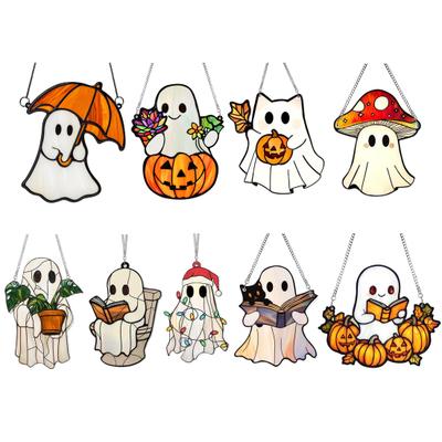 Halloween Niedlicher Geist Sonnenfänger Buntglas Stil Acryl Fensterhänger Geist Lichtfänger für Fenster Wanddeko