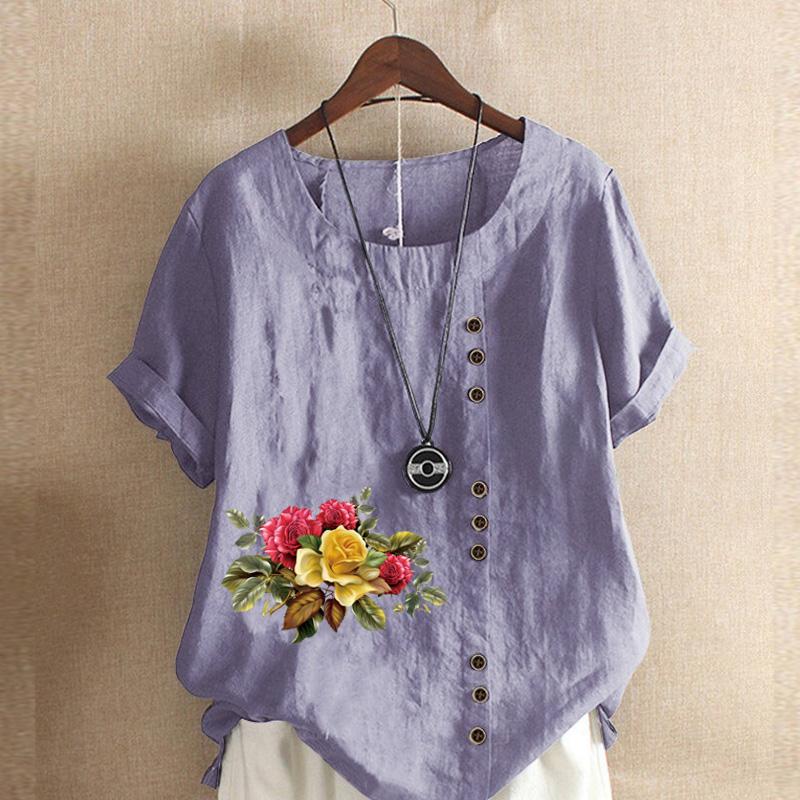 

Женская модная футболка с круглым вырезом и коротким рукавом, повседневная хлопковая льняная рубашка с рисунком, свободная летняя блузка с принтом цветов и растений для отдыха, топы больших размеров S фиолетовый