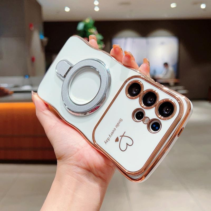 Wave Frame Plating Glossy Phone Case For Samsung Galaxy S25 Ultra S24 FE S23 S22 Plus S21 TPU Soft Shockproof Ring Holder Bracket Back Cover