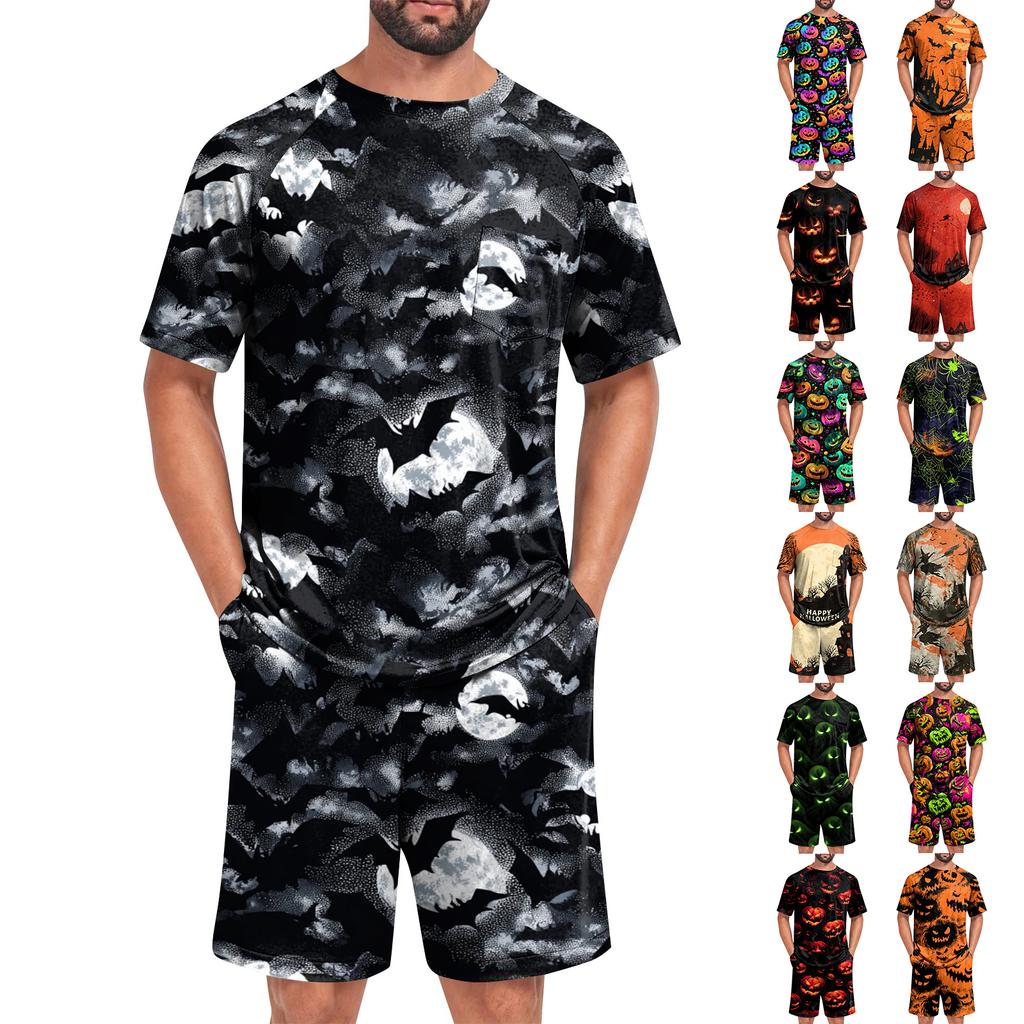 Men's Halloween Casual Pajama Set Short Sleeve Top and Shorts Comfortable Lightweight Sleepwear for Home Relaxation