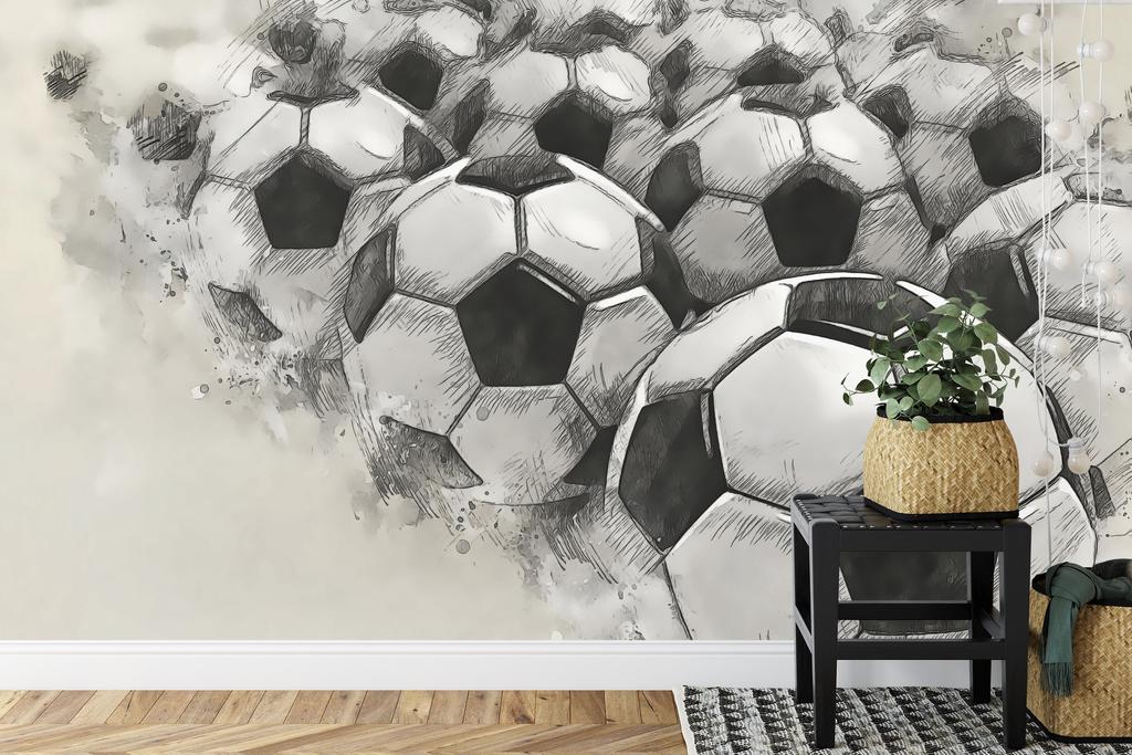 Photomural Soccer Balls Drawn With A Pencil Structural Vinyl 180x120