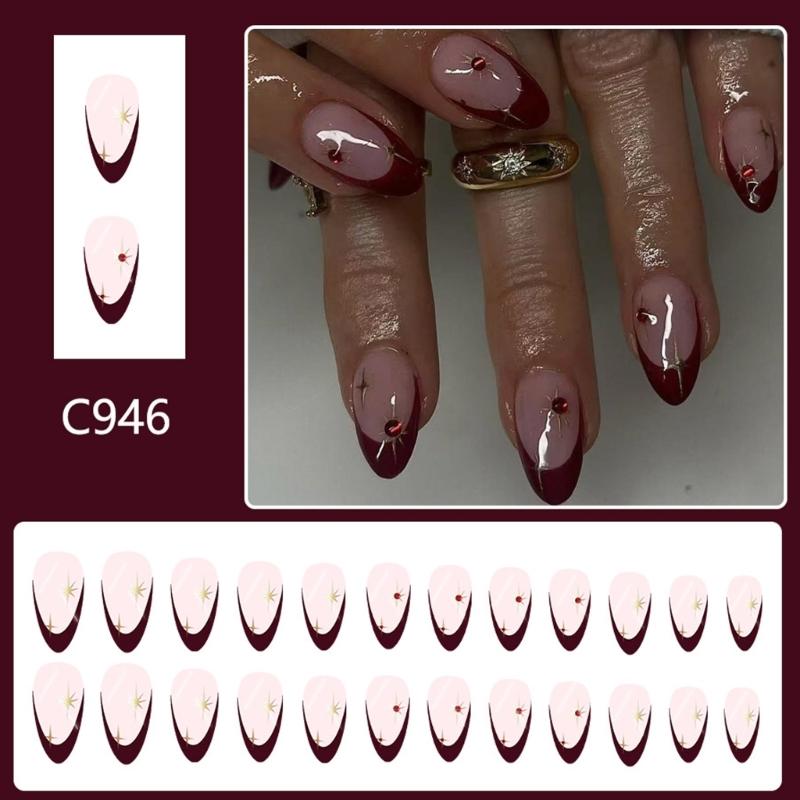 Short Almond Press On Nail,24Pcs Wine Reds Fake Nail In 12 Sizes Glossy False Nail Acrylic Stick On Nail for Women