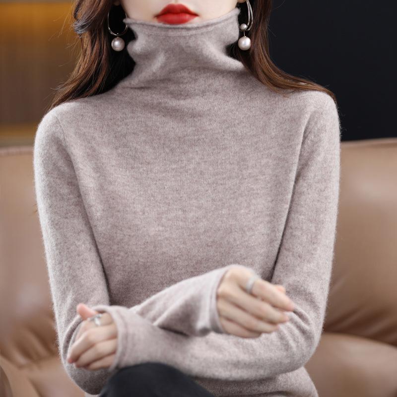 Women's 100% Pure Wool Turtleneck Sweater - Fashionable Autumn/Winter Knitted Cashmere Base Layer Top