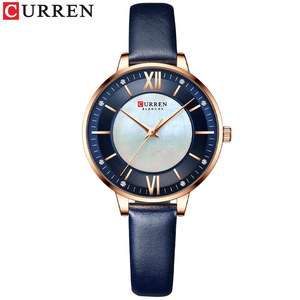 CURREN 9080 Damen Ultraflache Perlmutt Zifferblatt Wasserdichte Uhr mit Lederarmband