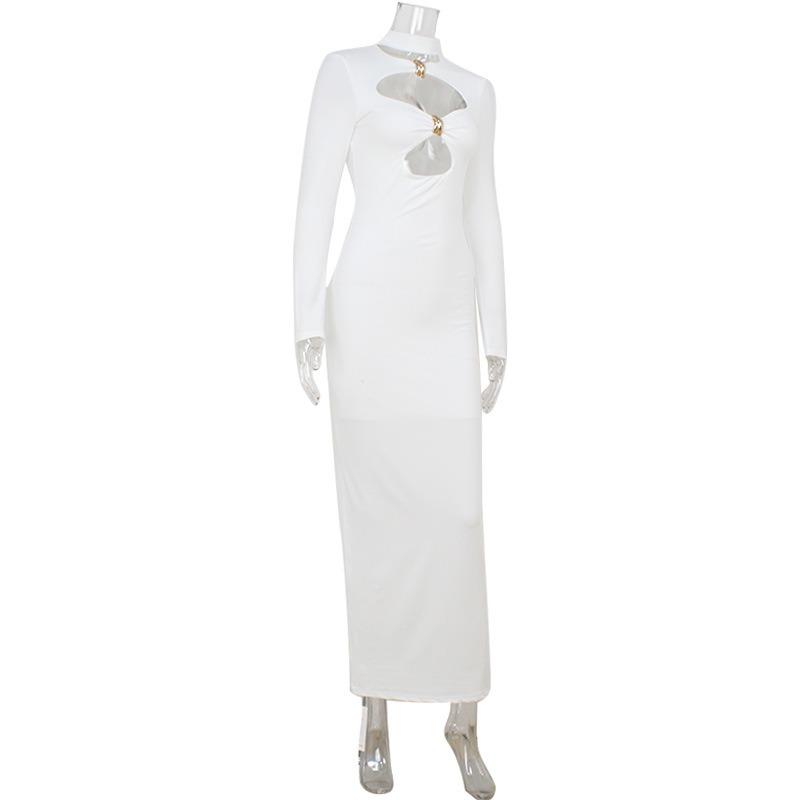 Women Hollow Out Solid Color Slim Fit Long Sleeve High Waist Bodycon Long Dress
