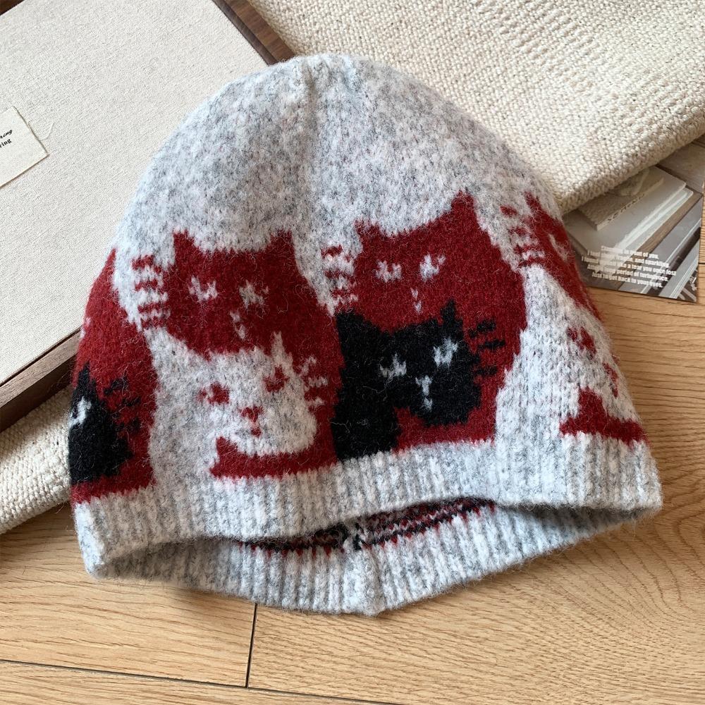 Warm Jacquard Pattern Beanies Fair Isle Style Printing Knit Cap Jacquard Cat Knitted Hat Girls