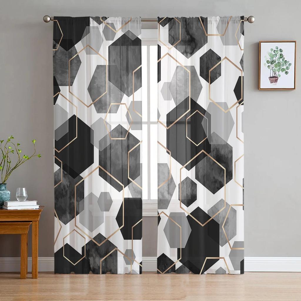 Schwarze geometrische Textur, transparente Vorhänge für Wohnzimmer, Küche, Fenstervorhänge, Schlafzimmer, Tüll-Voile-Vorhänge