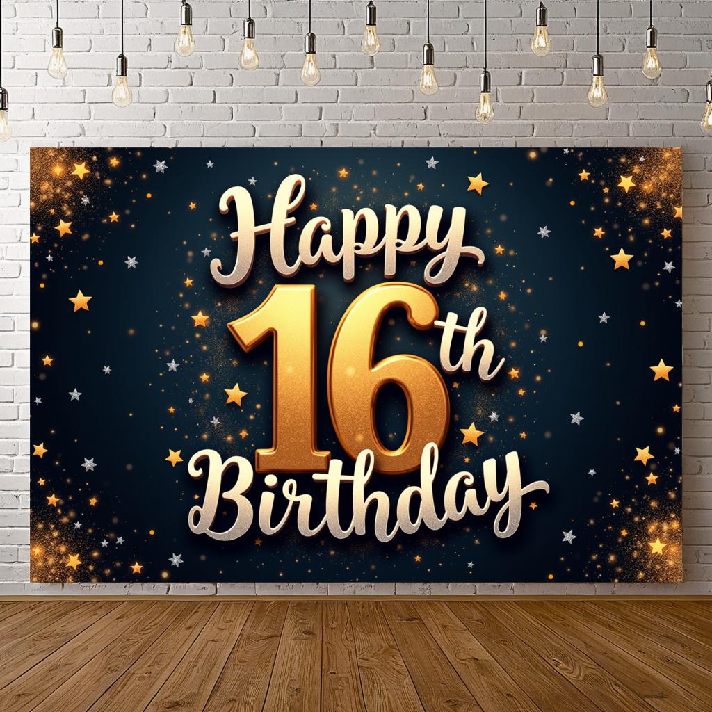 Złoty Motyw Znak Happy Birthday Baner Urodzinowy Dekoracja na 16. Urodziny do Wnętrz tło do zdjęć