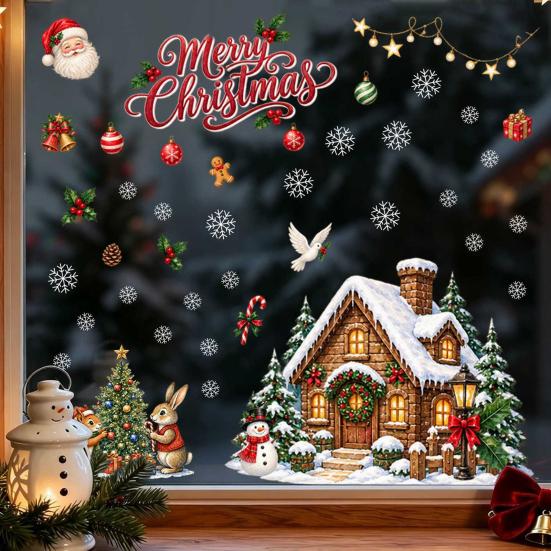 Indoor Window Glass Ornaments Christmas Clings, Snowy Village House Xmas Tree Squirrel Rabbit Clings Sticker, Double-Sided Static Decal for