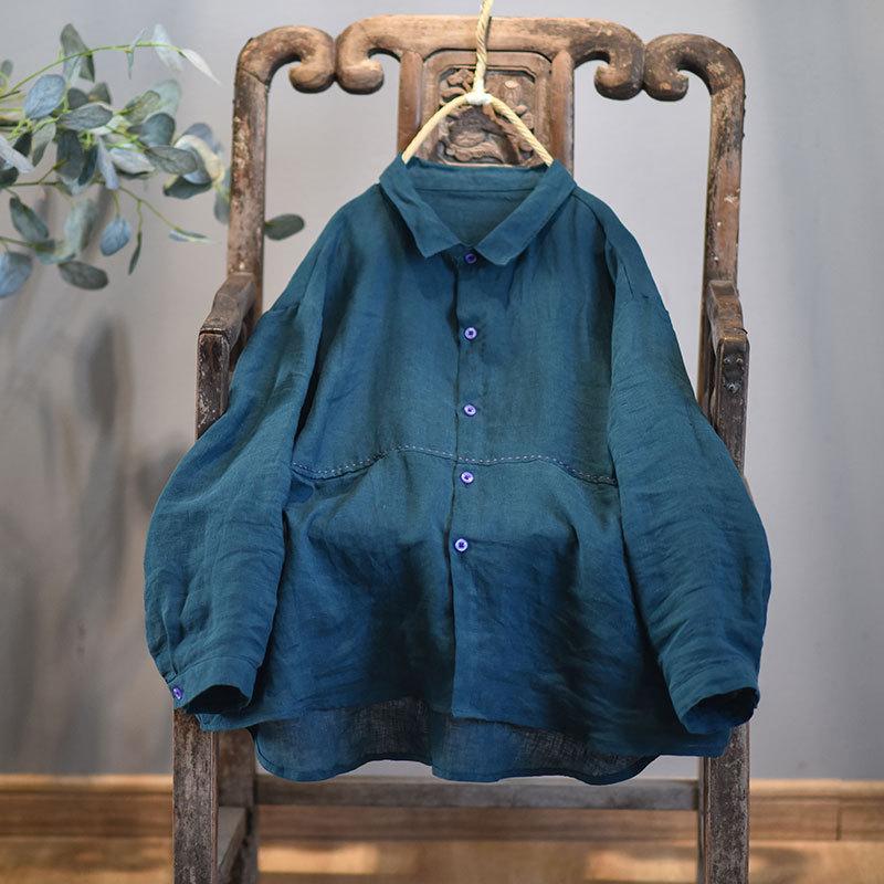 Chemises et Hauts Brodés en Lin pour Femmes Col Revers Bouton Automne Original Vintage Femme Ample Blouse