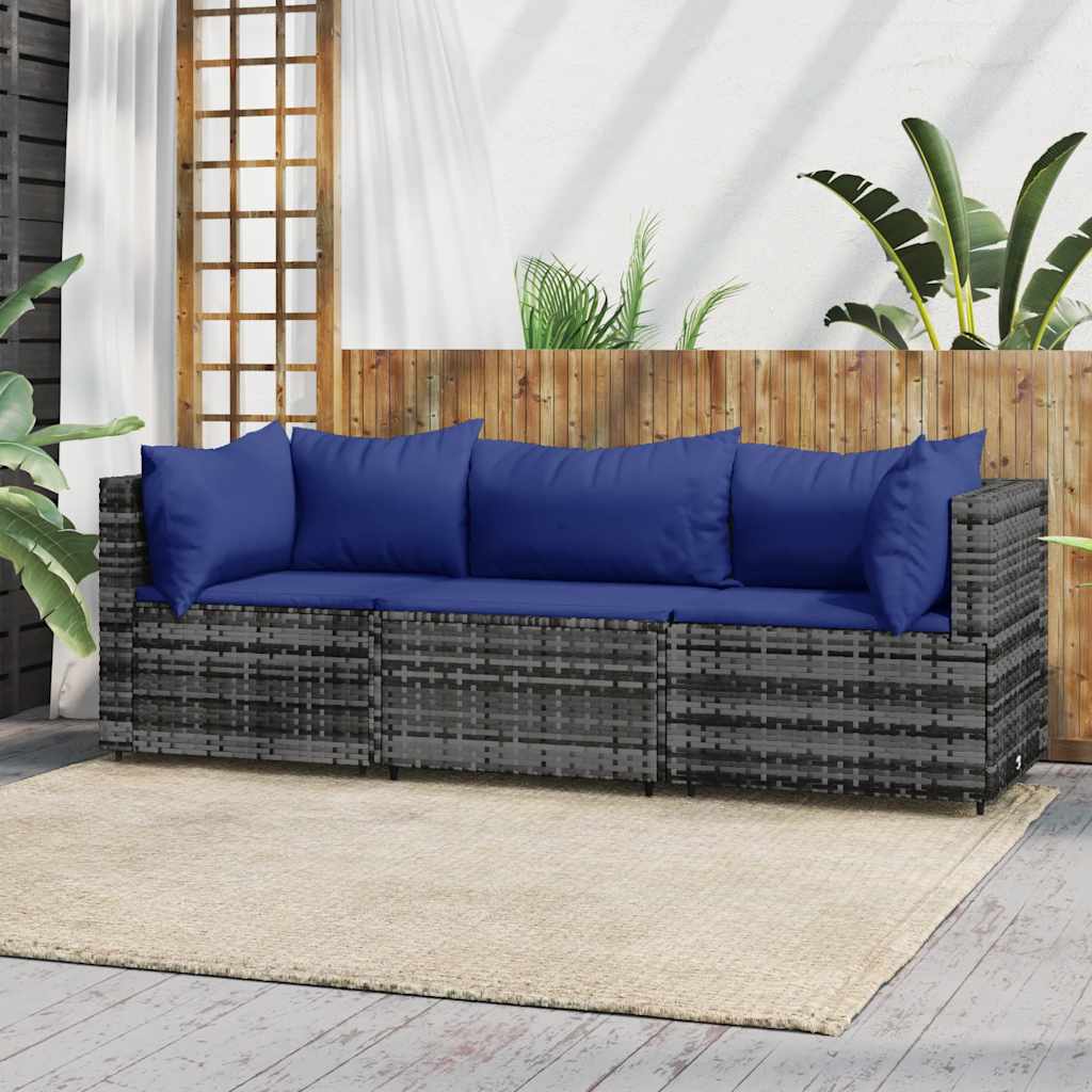 Vidaxl 3-Cz. Garden Lounge Set, Cushions, Grey PE Rattan