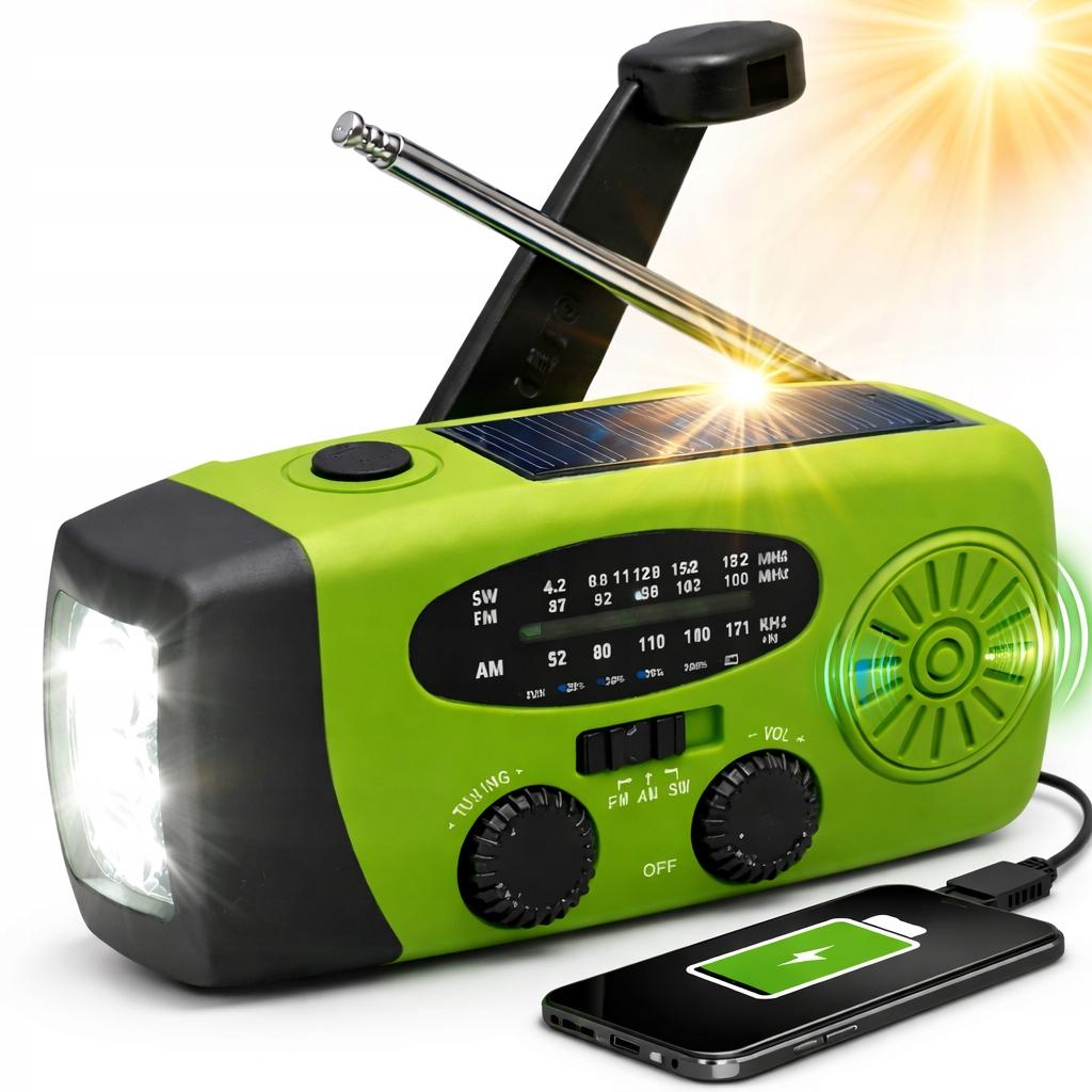 Radio przenośne solarne sanelite korbka antena latarka powerbank zielone