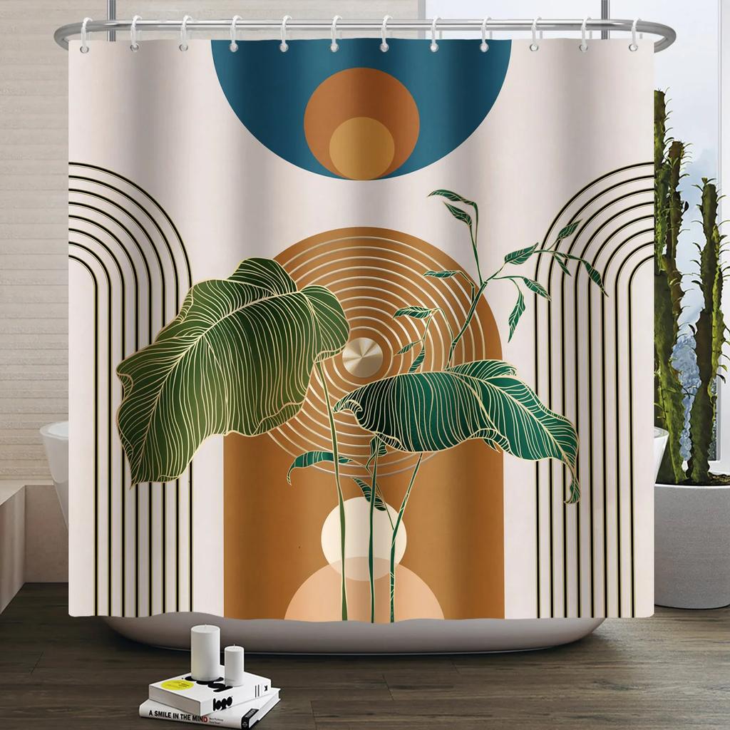 Nordic Style Shower Curtain Geometric Pattern Morandi Block Plant Leaves Home Bathroom Decoration Hanging Bath Curtain 12 Hooks