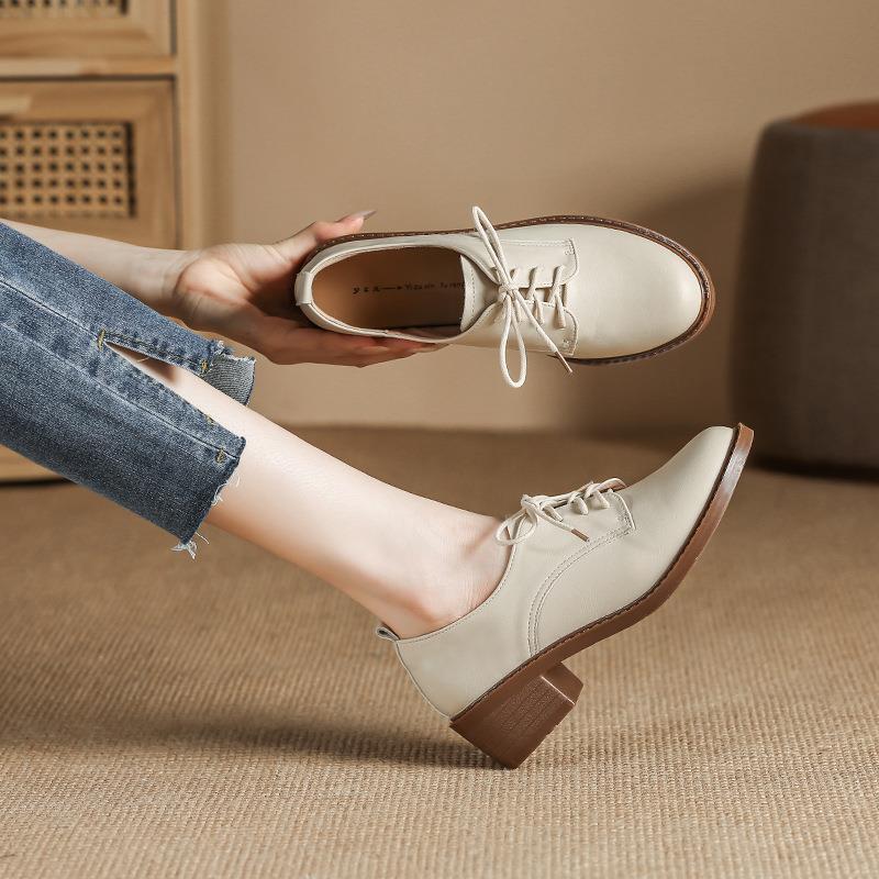Yiran Bag Women's Simple And Versatile Lace-Up Genuine Leather Shoes Soft Sole Spring And Autumn Comfortable Simple Skirt Work Thick Cm