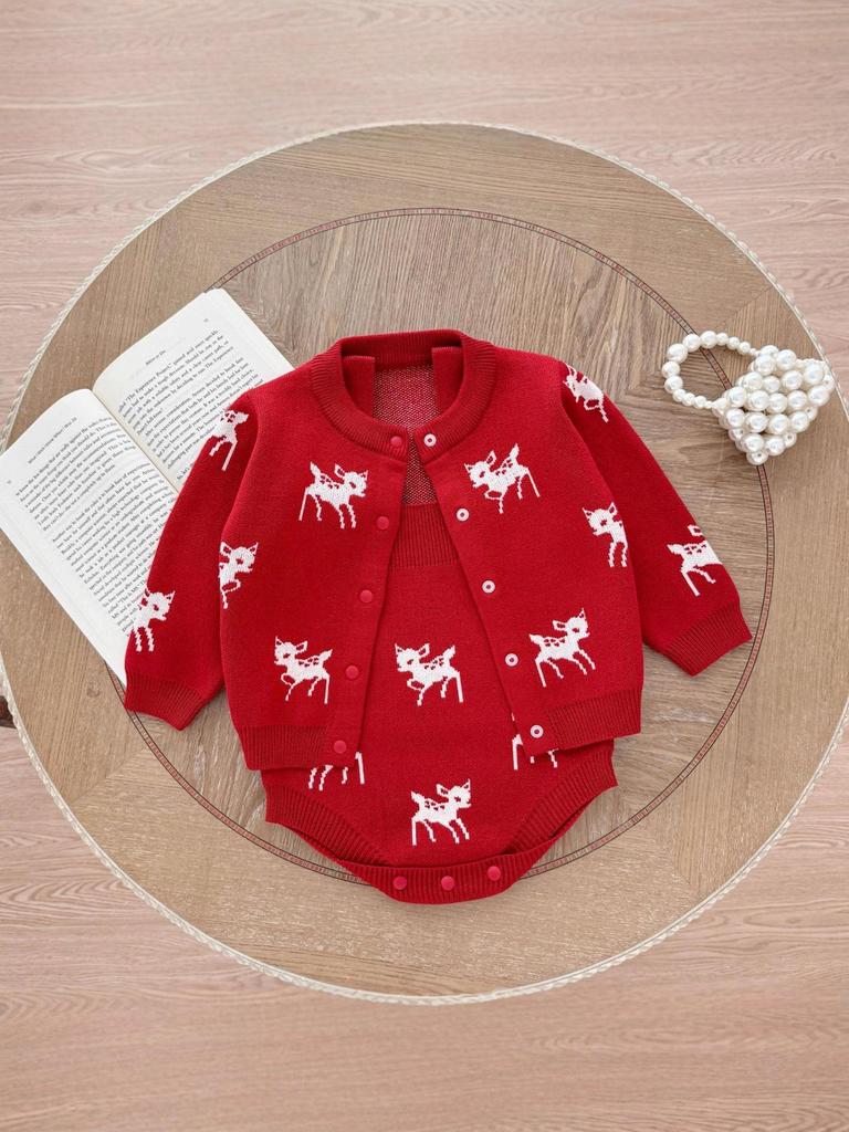 Baby Hirsch Jacquard Strick Strampler & Strickjacke Set für Jungen und Mädchen - Herbst/Winter