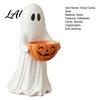 Vintage Style Ornament Halloween Ghost Figurine with Pumpkin Candy Bowl Cute Resin Statue Freestanding Desktop Light Trick or Treat Holder for Front