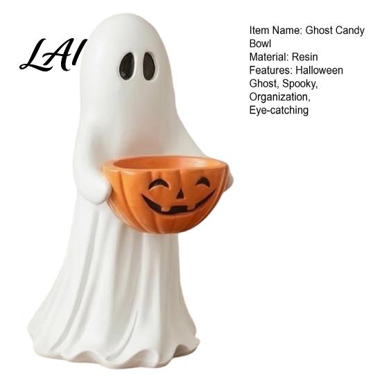 Vintage Style Ornament Halloween Ghost Figurine with Pumpkin Candy Bowl Cute Resin Statue Freestanding Desktop Light Trick or Treat Holder for Front