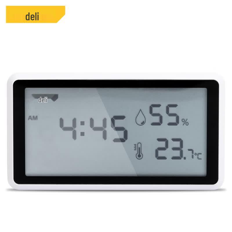 Deli Indoor Digital Temperature & Humidity Meter with Clock