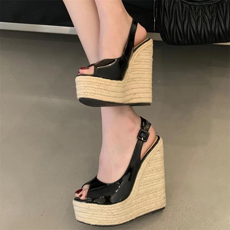 Fashion Summer Fashion Platforms Sandals High Quality Patent Leather Wedges Heels Women's Shoes Open Toe Buckle Strap Party Ladies Shoes