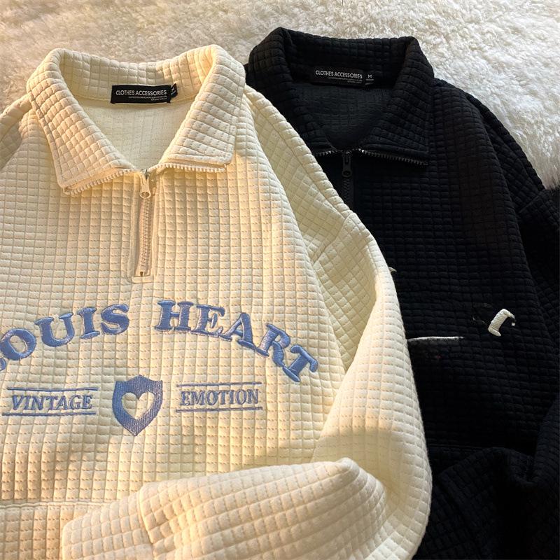 2025 Autumn Waffle-Patterned Embroidered Oversized Polo Shirt for Women with Lapel