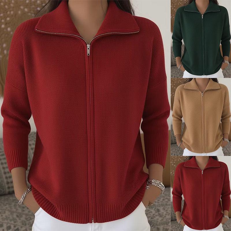 2026 Autumn/Winter Women's Lapel Zipper Cardigan Sweater - Solid Color