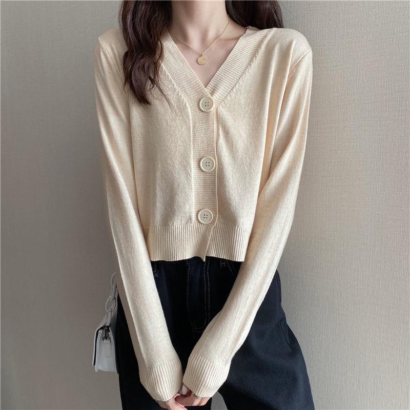 Women's Korean Style Loose Collar Knitted Cardigan - Long Sleeve High Waist Short Top for Spring and Autumn