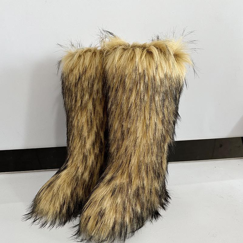 Huňaté kozačky Dlouhé vysoké zimní imitace liščí kožešiny huňaté sněhule Pánské a dámské zimní velké velikosti kožešinové nadkolenky