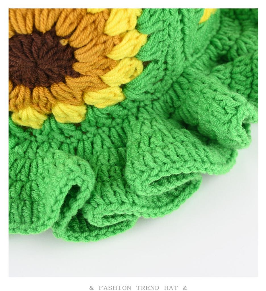 Korean Sunflower Lotus Leaf Brim Handmade Crochet Wool Basin Hat Women'S Autumn Winter Warm Sweet Knitted Bucket Hat