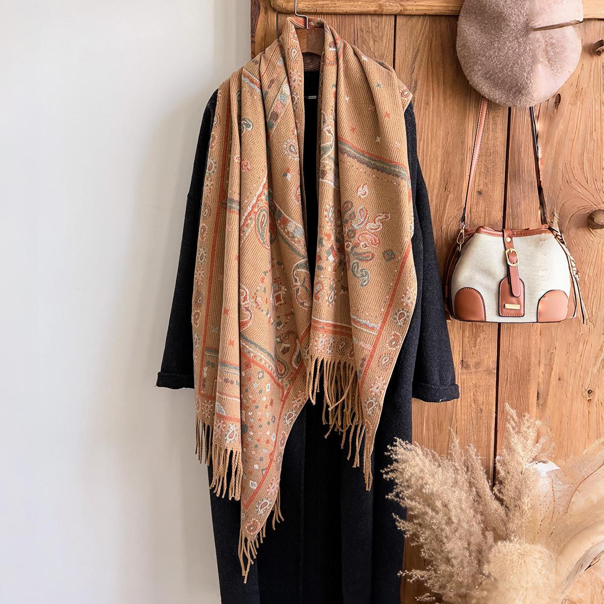 

Fashion Women S Winter Cashmere Wrap - Vintage Oil Painting Floral Printed Tasseled Pashmina Thick Shawl, Scarf & Echarpe