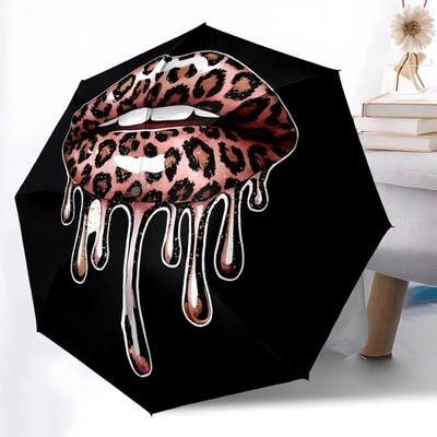 1pc Leopard Print Lips Automatic Open/Close Umbrella Compact Folding Umbrella, All-Season Portable Umbrella for Women/Men F1124297