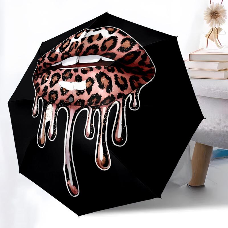 1pc Leopard Print Lips Automatic Open/close Umbrella, 8-Rib Sturdy Structure, Auto Folding/Opening, Portable Travel Umbrella for Women031