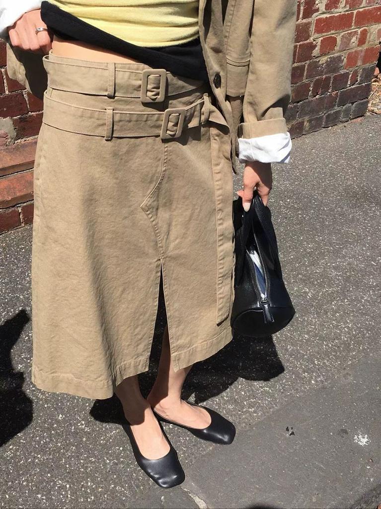 Vintage Korean Spring Skirt With Irregular Split And Double Waist Belt For Casual Wear