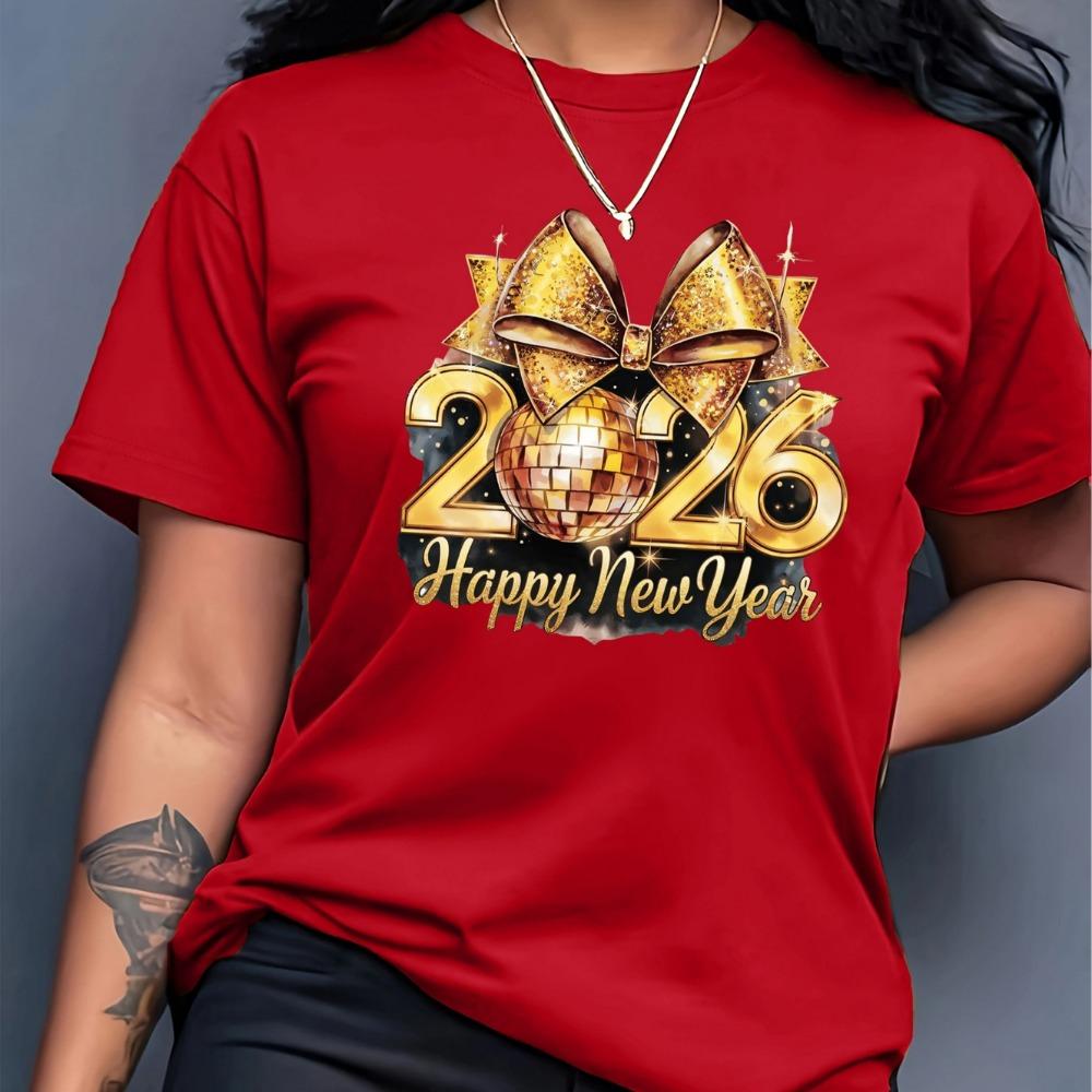 

Women s T-shirt, Printed Gold Bow - Short Sleeve Crew Neck Casual Party Wear XXS