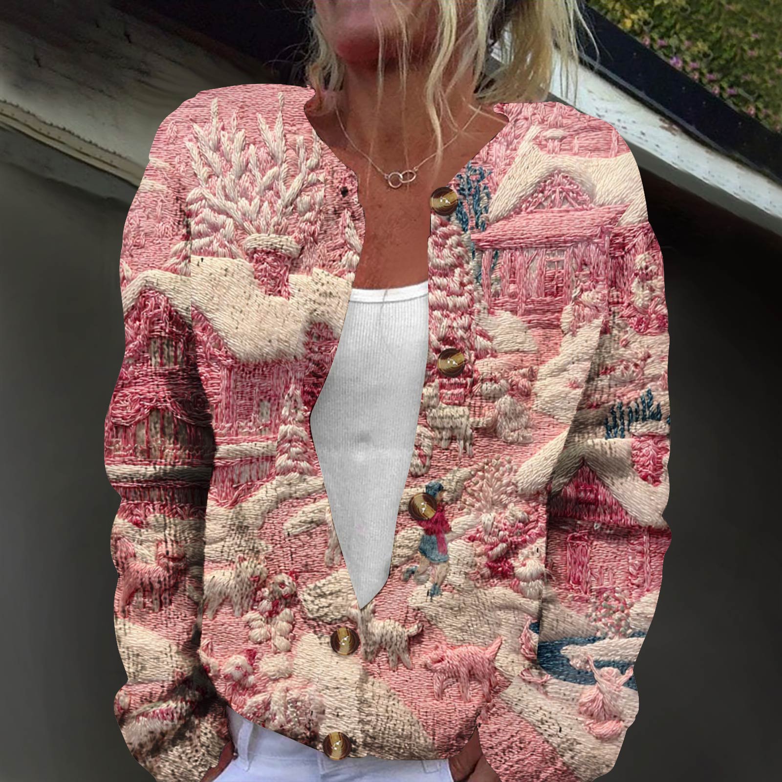 

Женская модная принтованная куртка с длинным рукавом и вязанным кардиганом на пуговицах XXL розовый