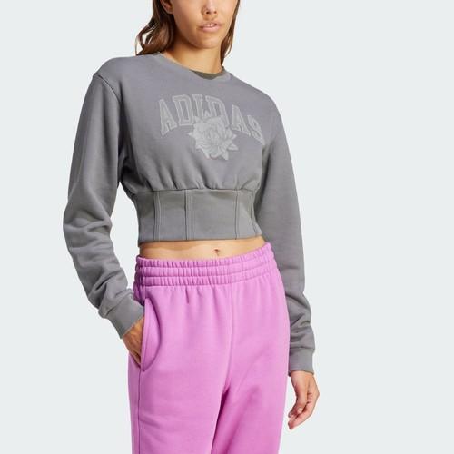 adidas Originals Printed Short Crop Crewneck Sweatshirt for Women, Gray