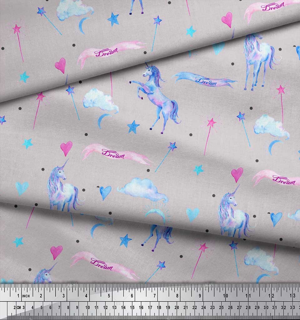 Soimoi Gray Japan Crepe Satin Fabric Cloud & Unicorn Animal Print Sewing Fabric metre 42 Inch