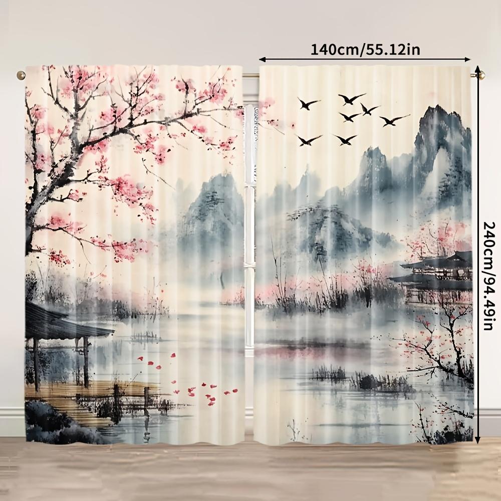 2PCS Asian Scenery Sheer Curtains Cherry Blossom Mountain Pagoda Rod Pocket for Living Room Bedroom Office (Rod Not Included)